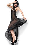 Long negligee, sheer mesh, openwork lace, back slit